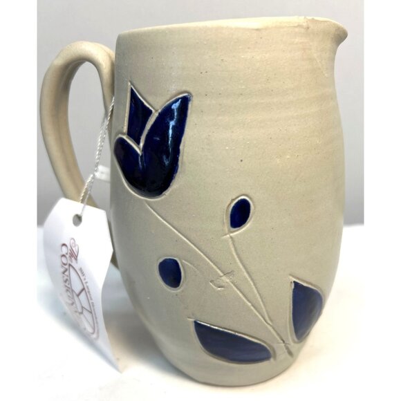 Williamsburg PotteryHandcrafted Blue Floral Stoneware Pitcher With Handle & Spou - Picture 1 of 5